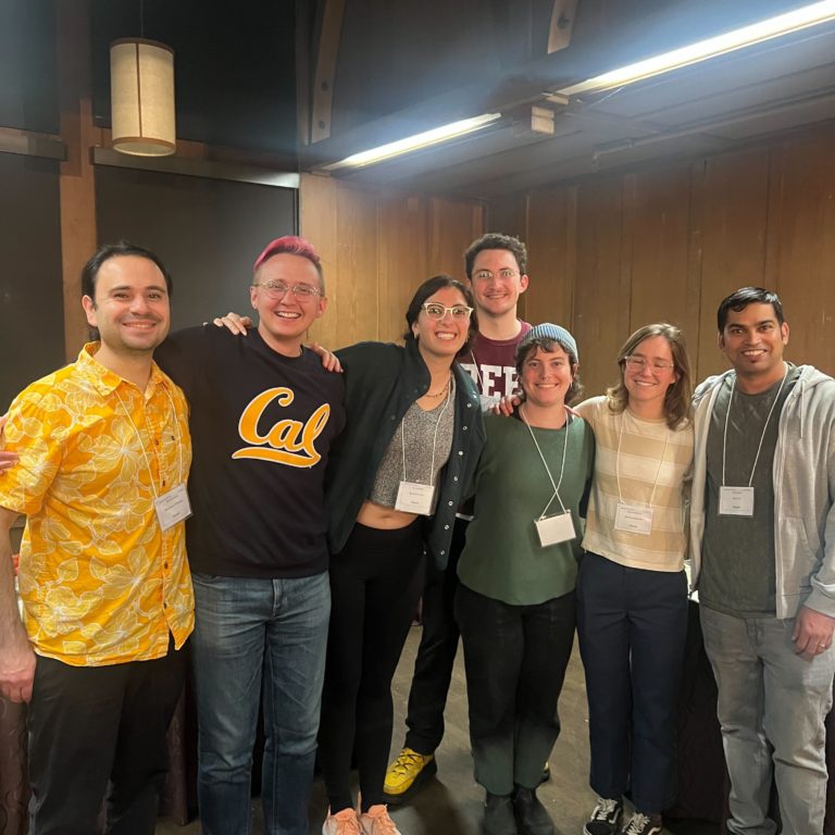 Lab members Fernando, Blake, Alienor, Gavin, Sophie, Katie, and Dinesh at the MCB department retreat in November 2023, Aislomar, CA.